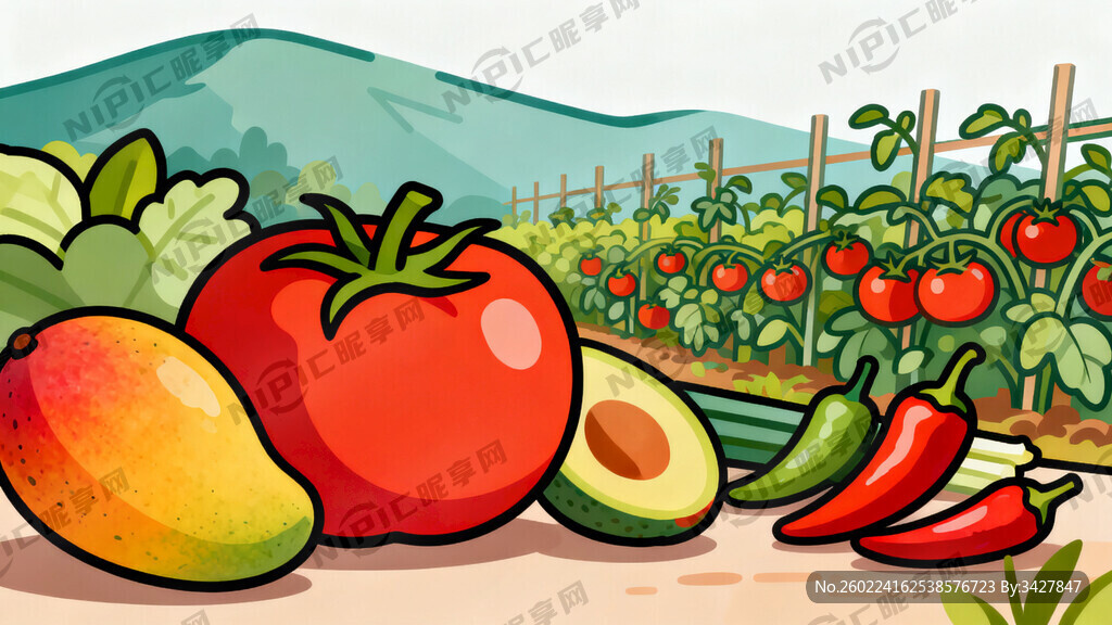 生成一个远处有山的番茄地