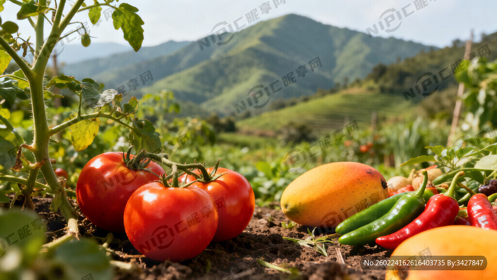 生成一个远处有山的番茄地