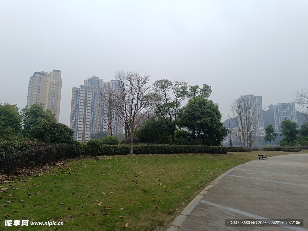 城市公园中的草地与建筑