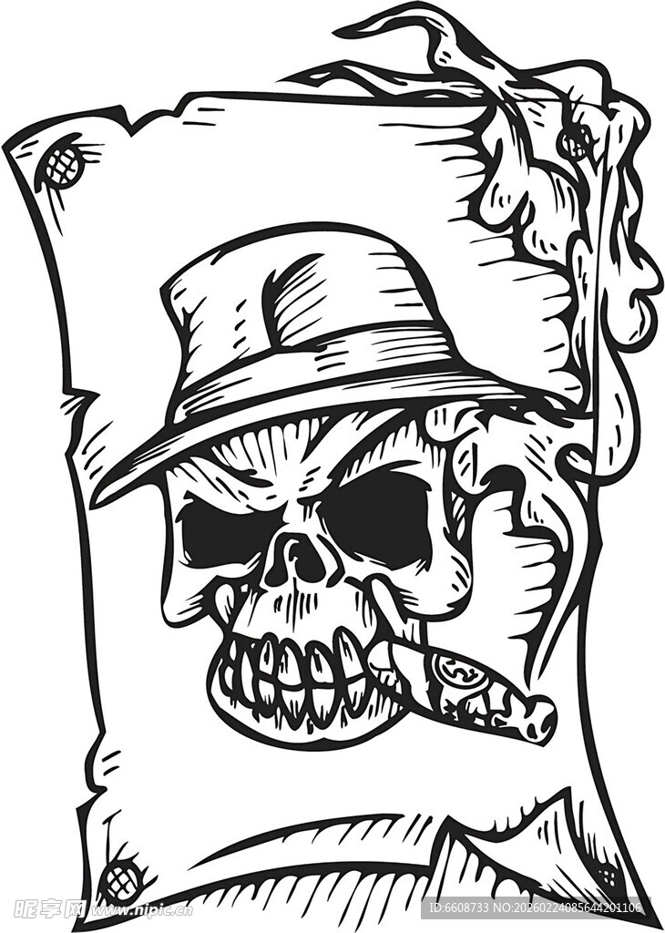 骷髅戴帽叼烟插画