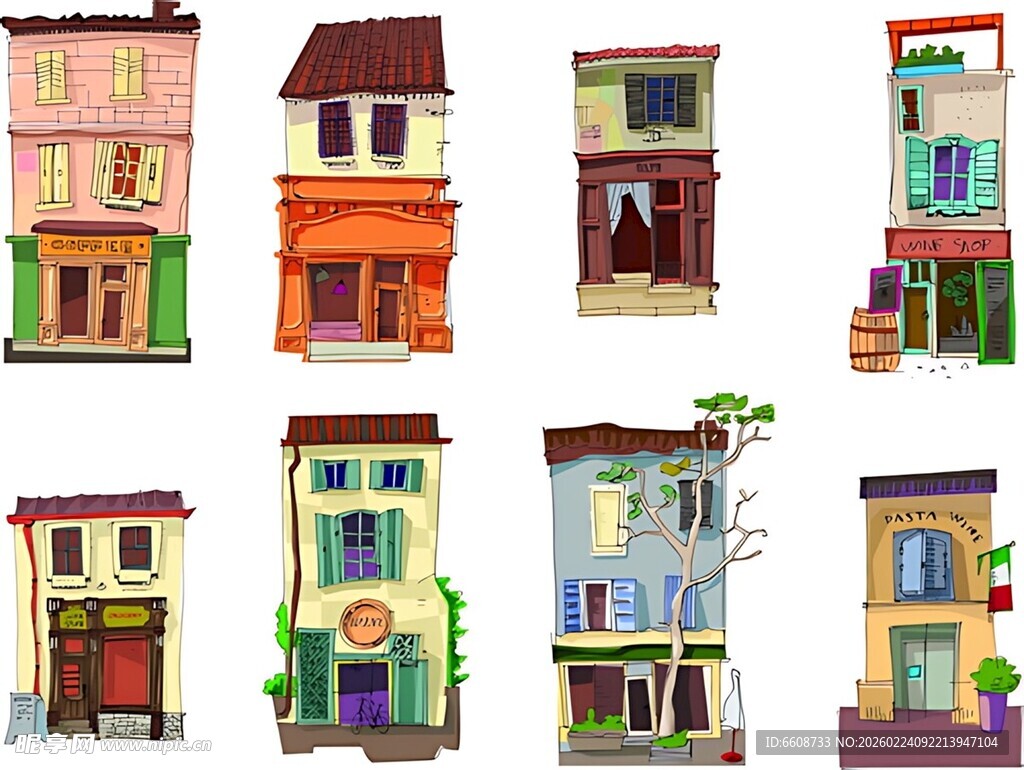 多彩手绘风格街边小建筑