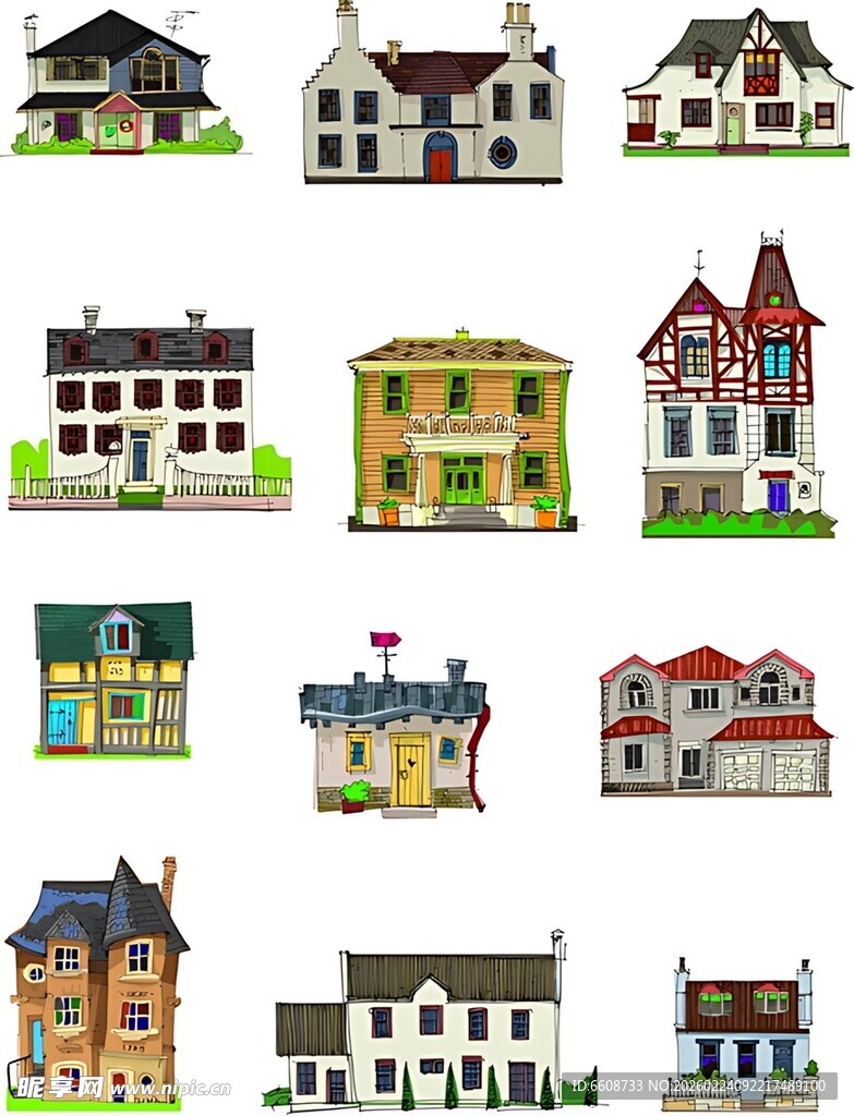多样风格卡通房屋插画