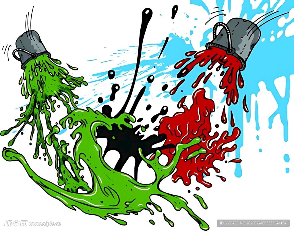 彩色油漆桶泼洒艺术画面