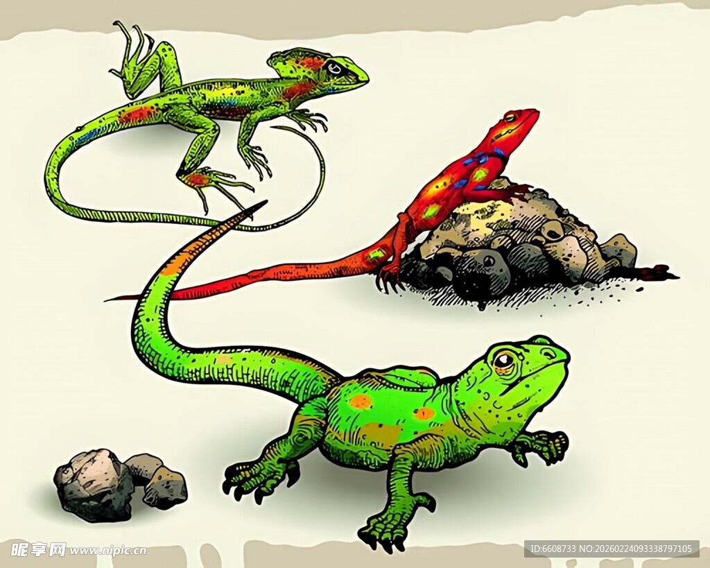 多彩蜥蜴与岩石场景