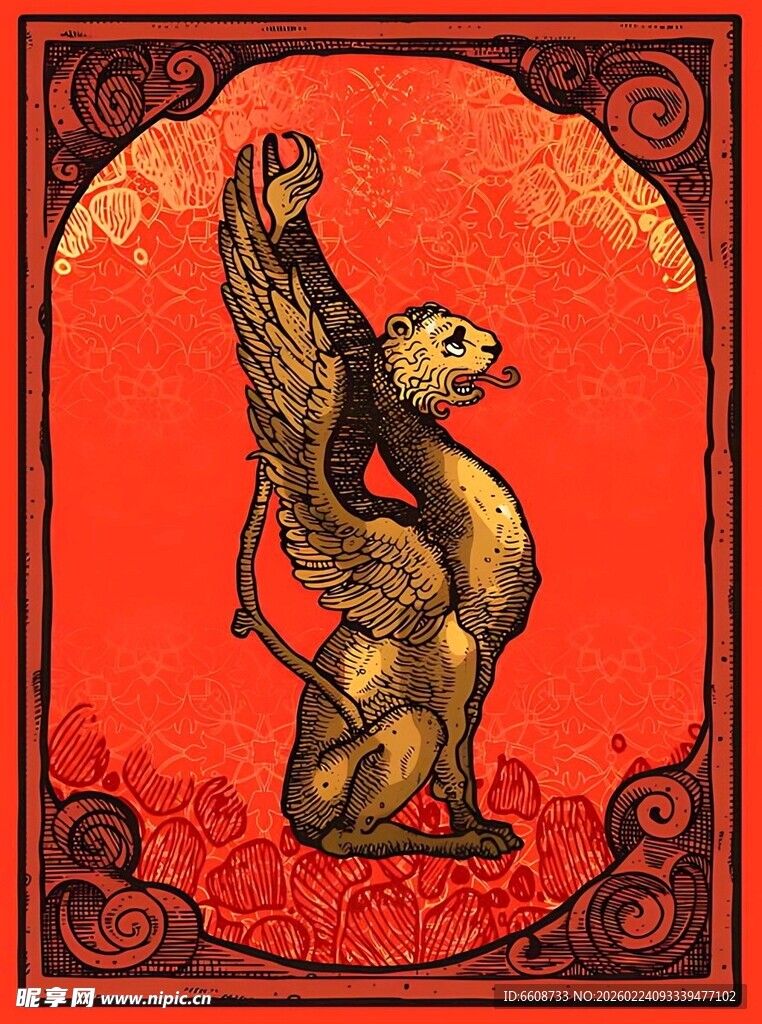 复古风格带翼神兽插画
