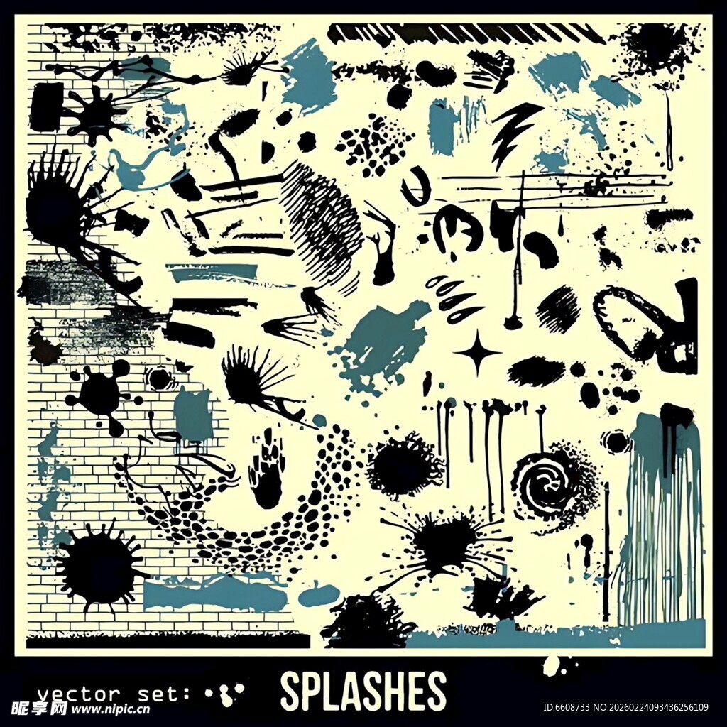 蓝白涂鸦风格艺术喷溅图案