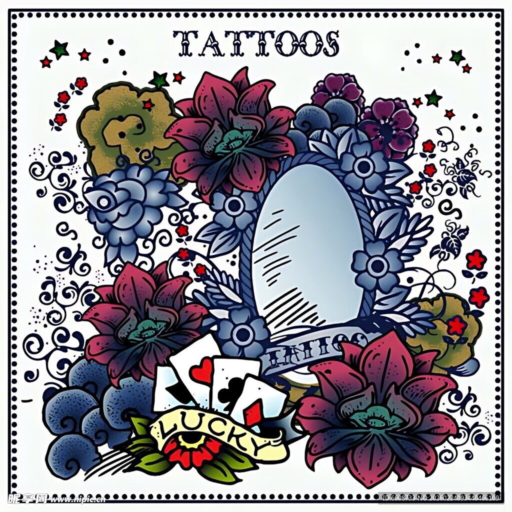 花卉环绕的纹身主题插画