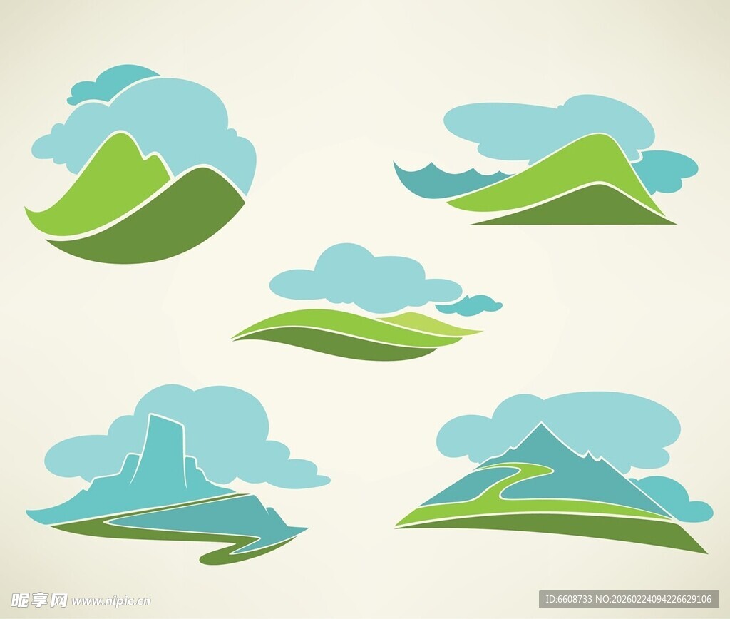 卡通风格山丘与云朵图案