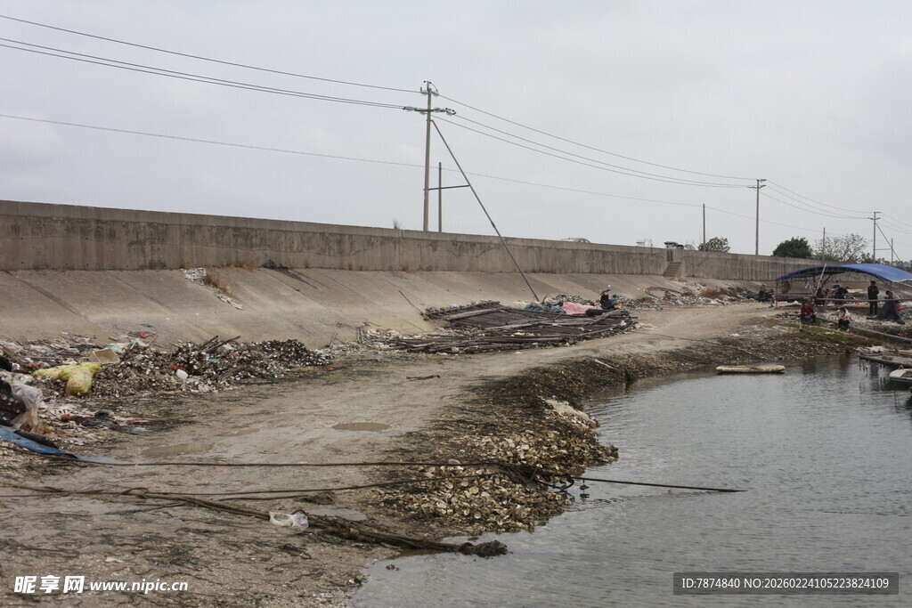 河岸垃圾堆积场景