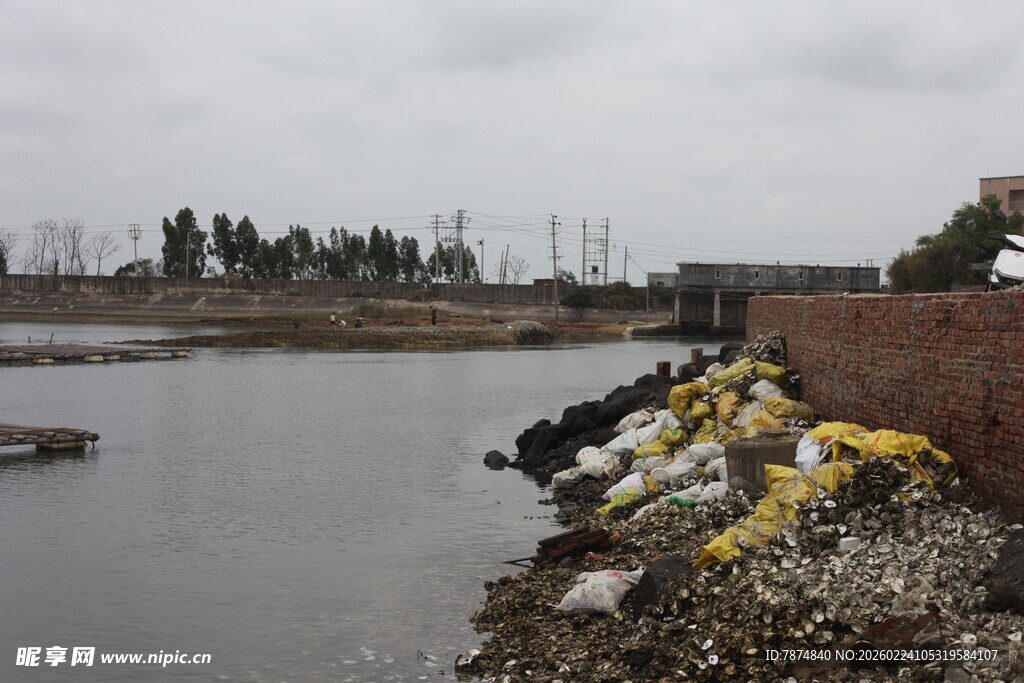 河边垃圾堆积景象
