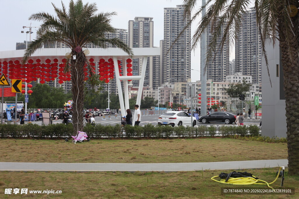 城市公园旁的高楼景观