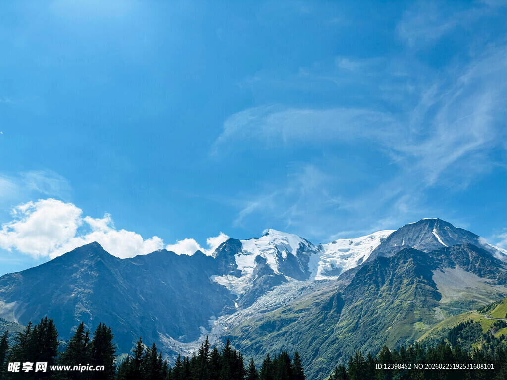 壮丽雪山与葱郁山林景观