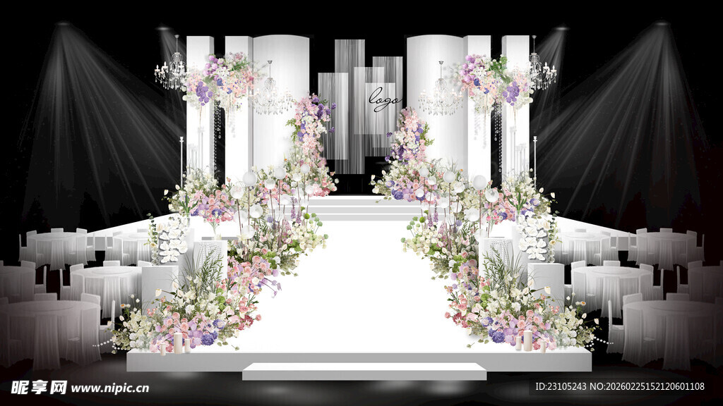 白色韩式粉紫花艺婚礼舞台效果图