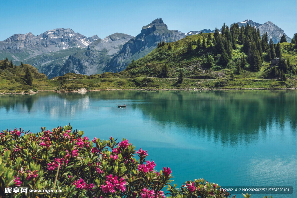湖畔繁花映青山美景