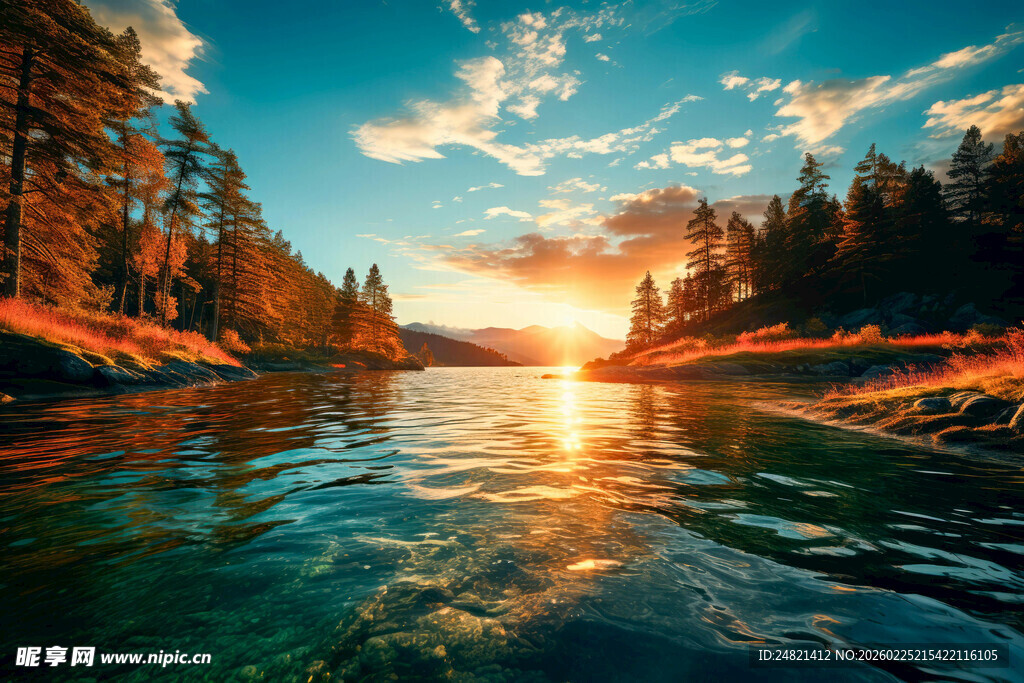 夕阳下的静谧河畔风光