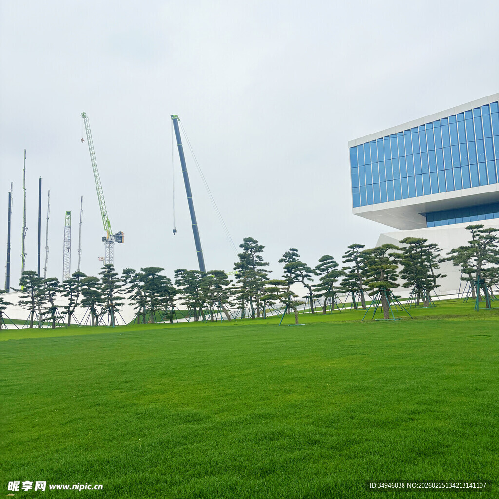 城市绿地旁的现代建筑景观