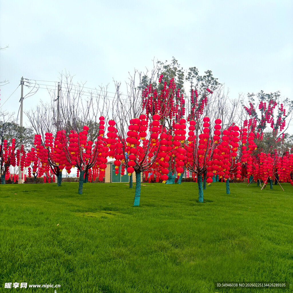 红绸装点的翠绿草坪景观