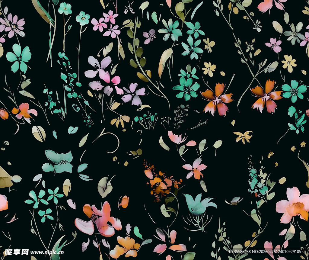 黑色底多彩花卉图案