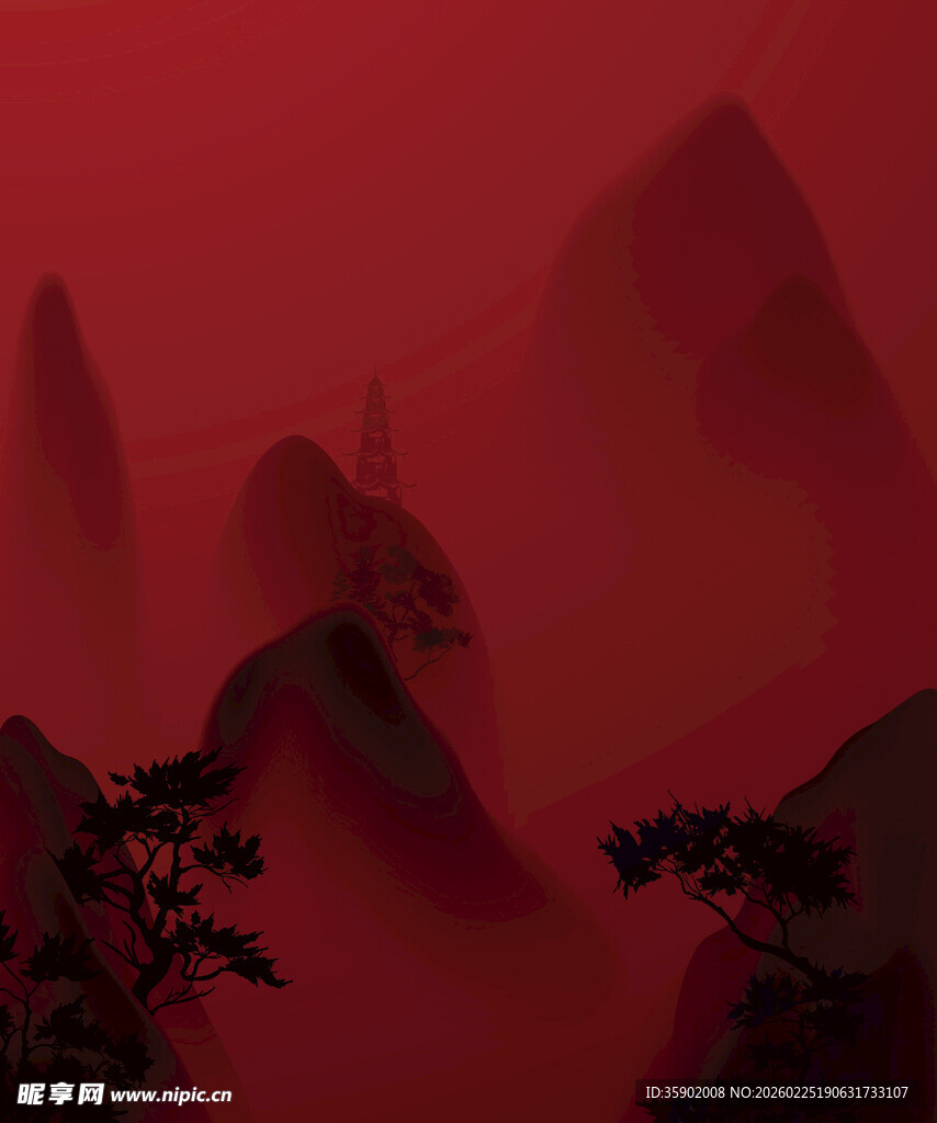 红色山峦间的朦胧景致