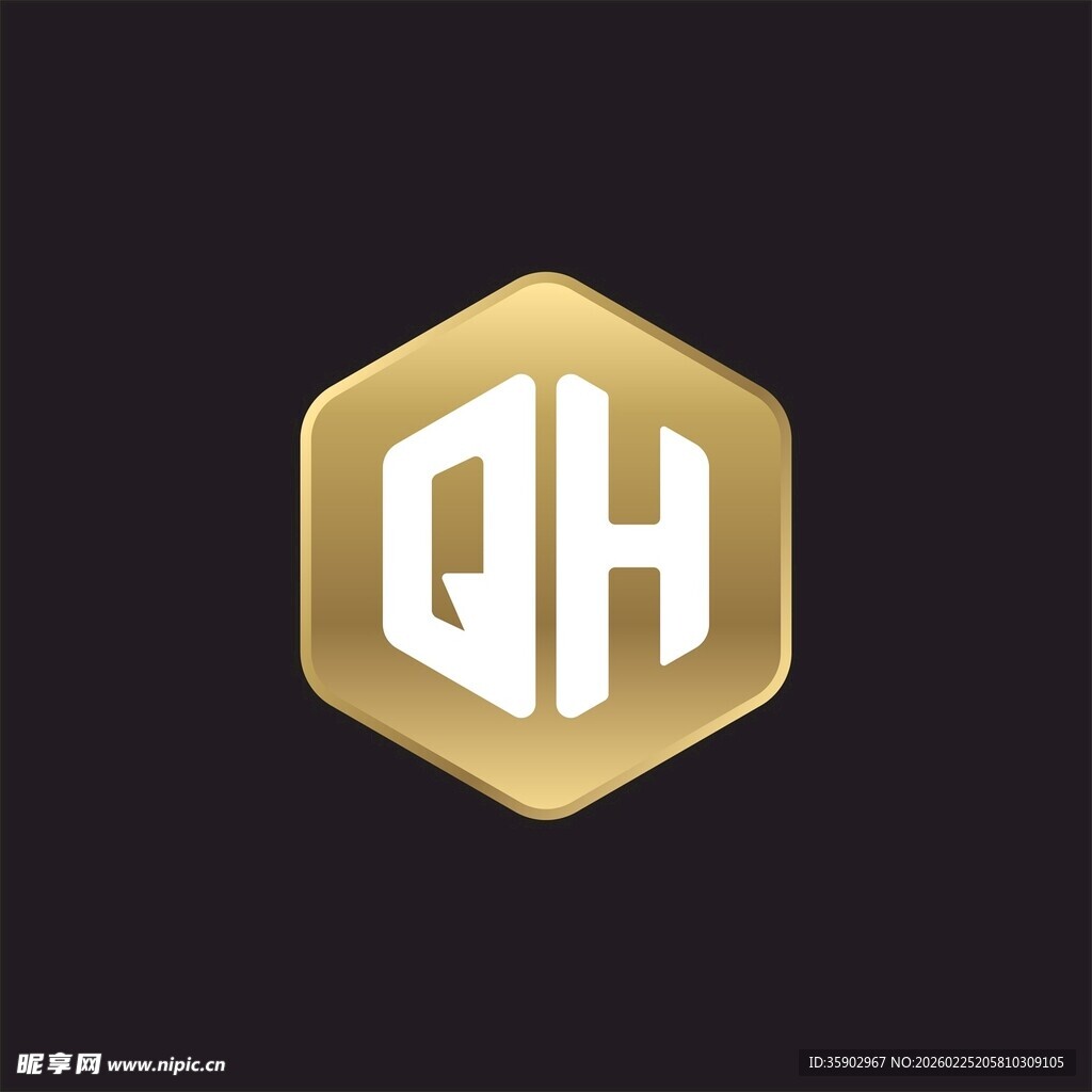 金色六边形QH标志设计