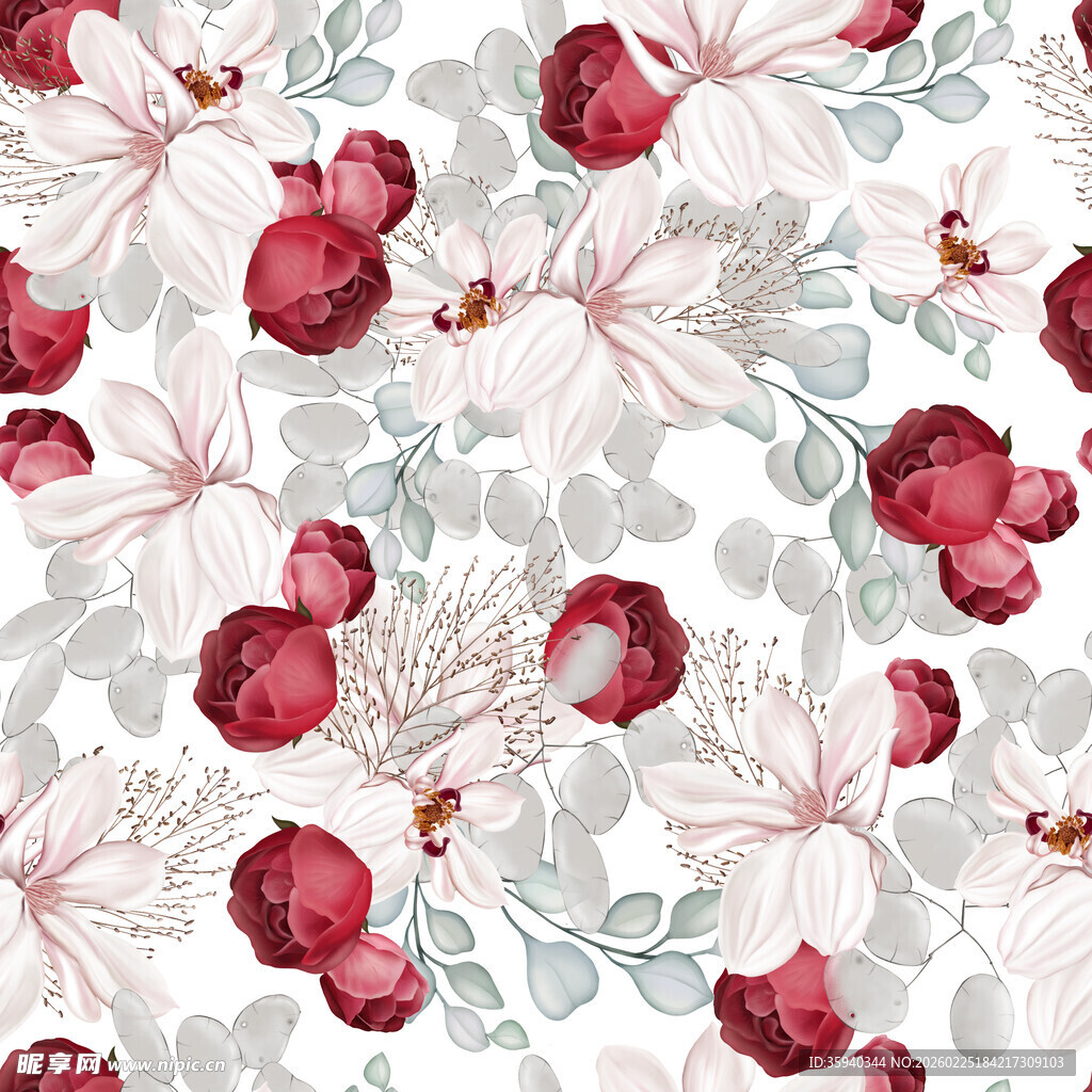 手绘石榴花卉无缝循环图案