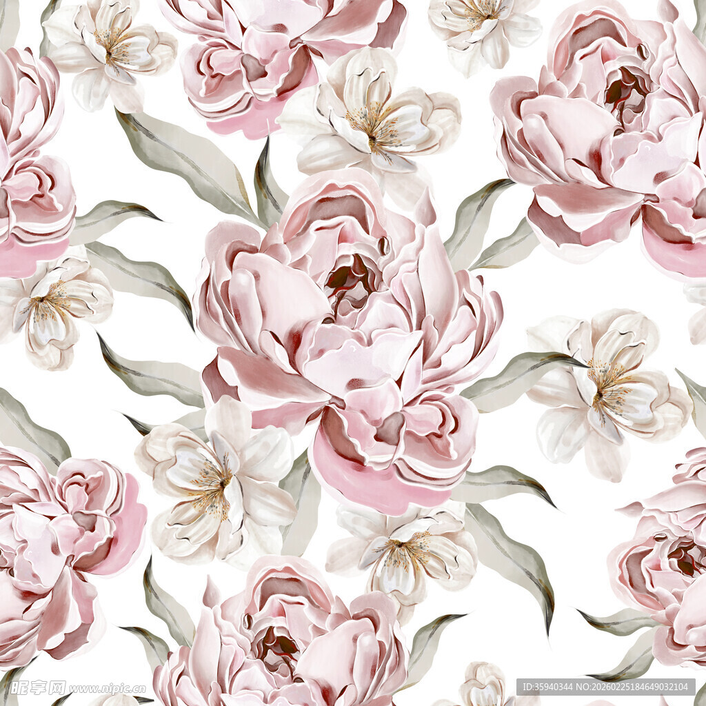 粉色手绘花卉无缝图案无缝循环