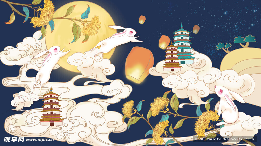 梦幻中秋月夜祥云玉兔景