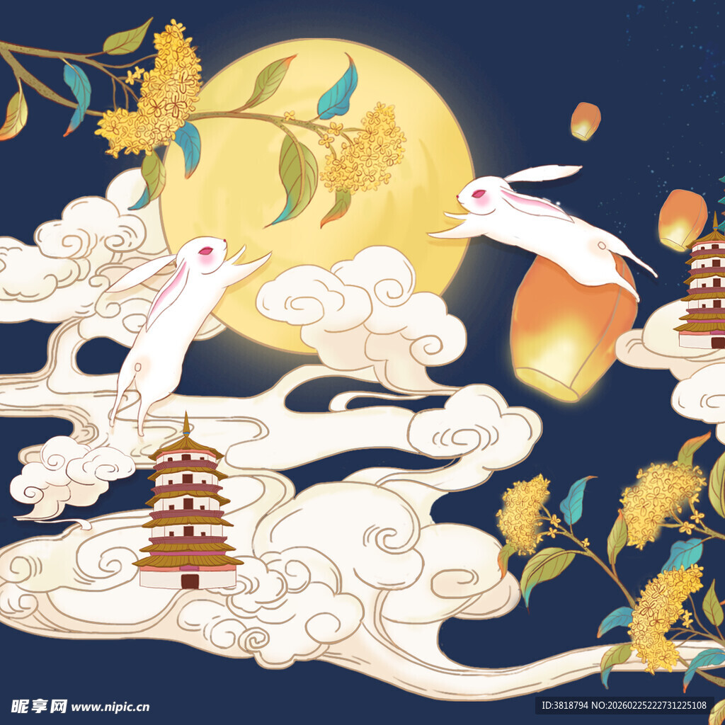 中秋月夜玉兔祥云图景
