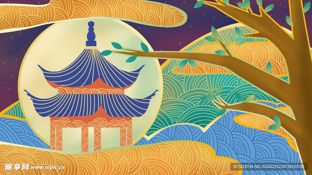 古风中式亭台楼阁风景图