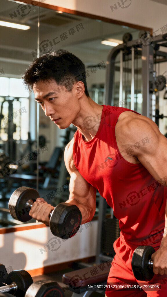 在健身房健身的模特 穿红色衣服