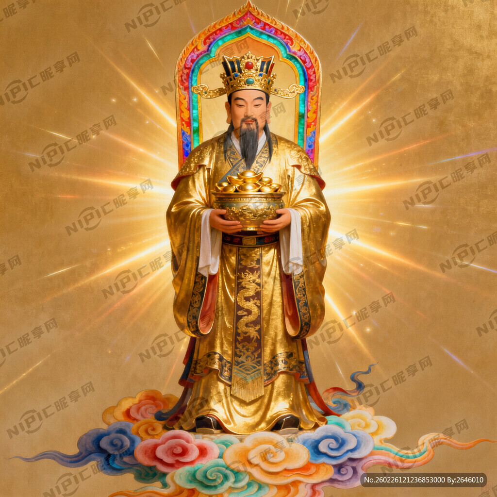 华商始祖王亥 怀抱聚宝盆 背光