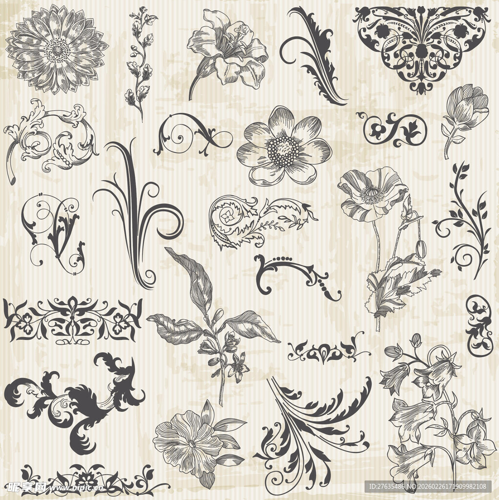 复古花卉植物装饰图案集
