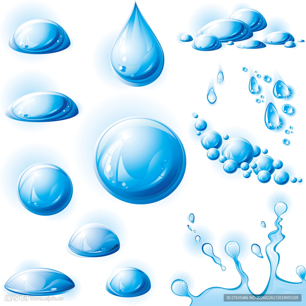 蓝色水滴与水花元素集合