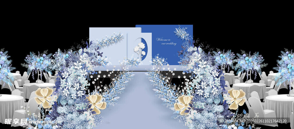蓝白色系浪漫婚礼现场布置
