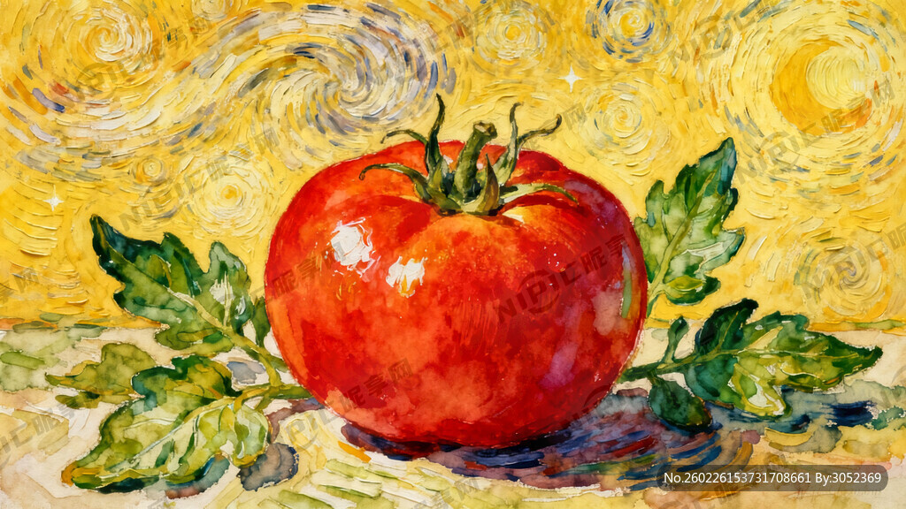 梵高背景  一个西红柿 有绿叶