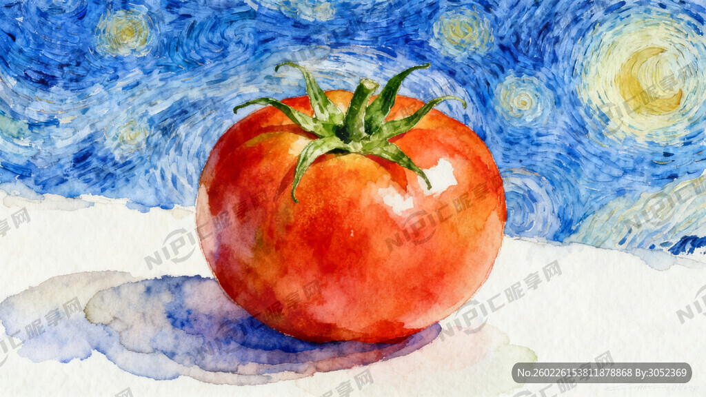 蓝色梵高背景  一个西红柿