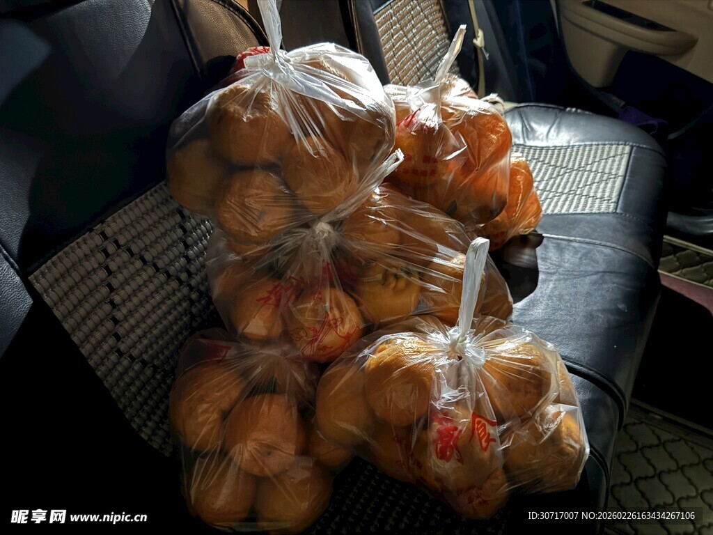 车内堆放的袋装新鲜橘子