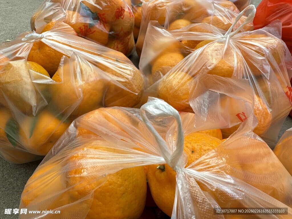 袋装橙子堆放在一起