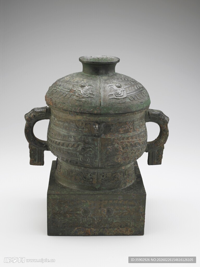 青铜双耳带盖方座容器