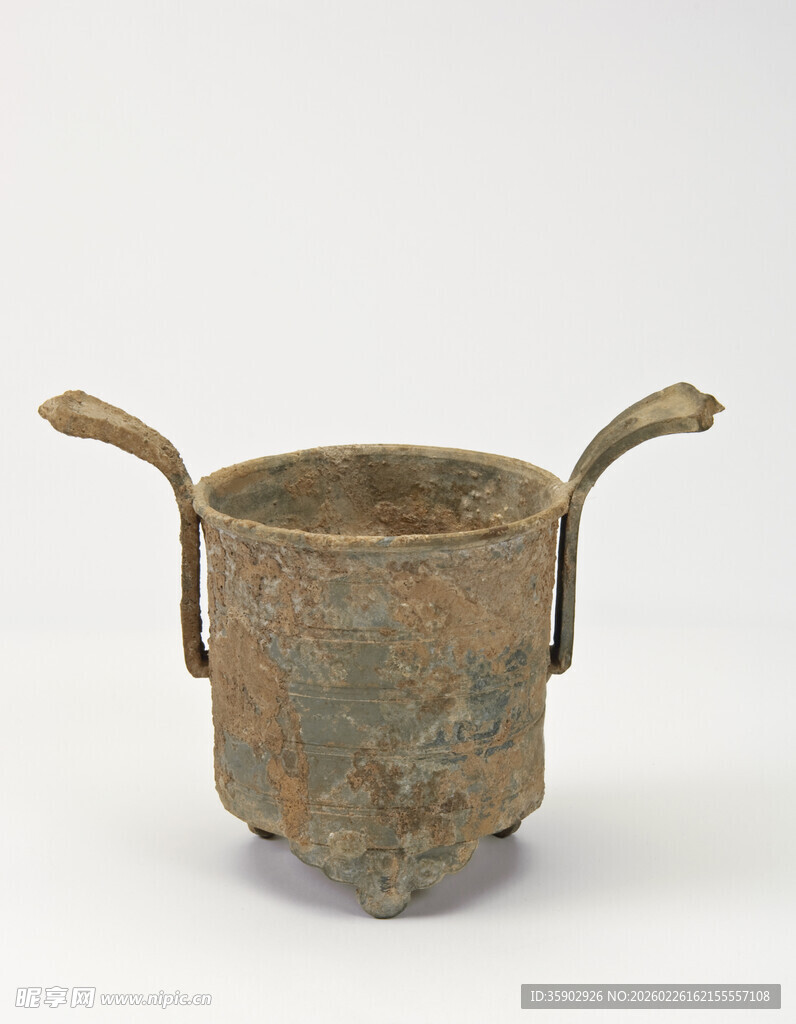 青铜双耳三足古容器