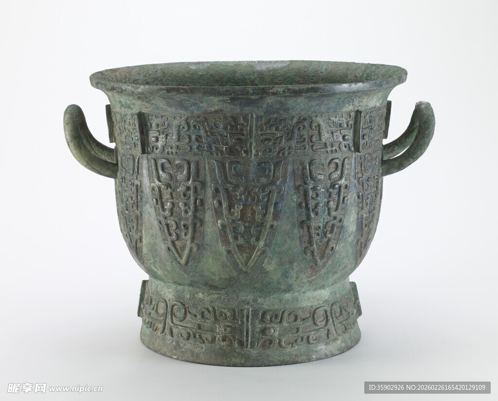 青铜双耳花纹古容器