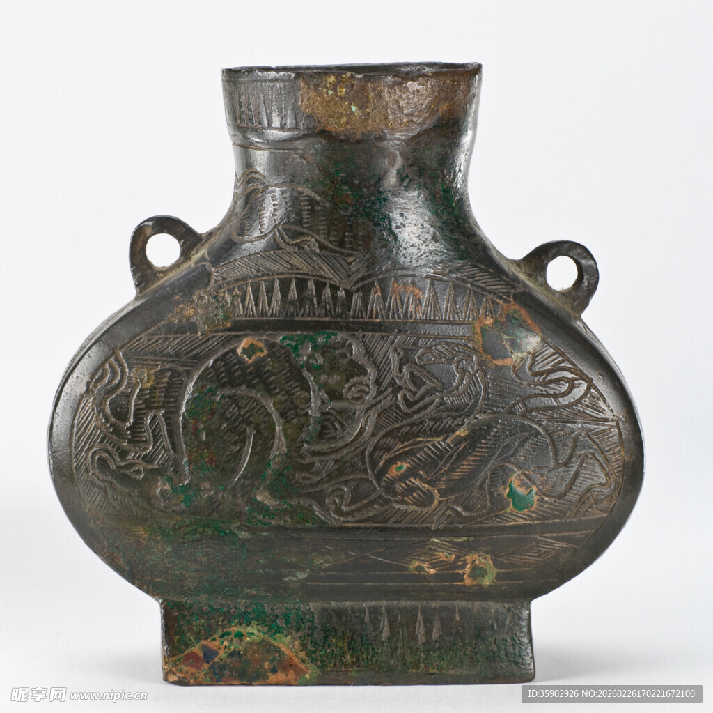 双系青铜扁壶纹饰精美