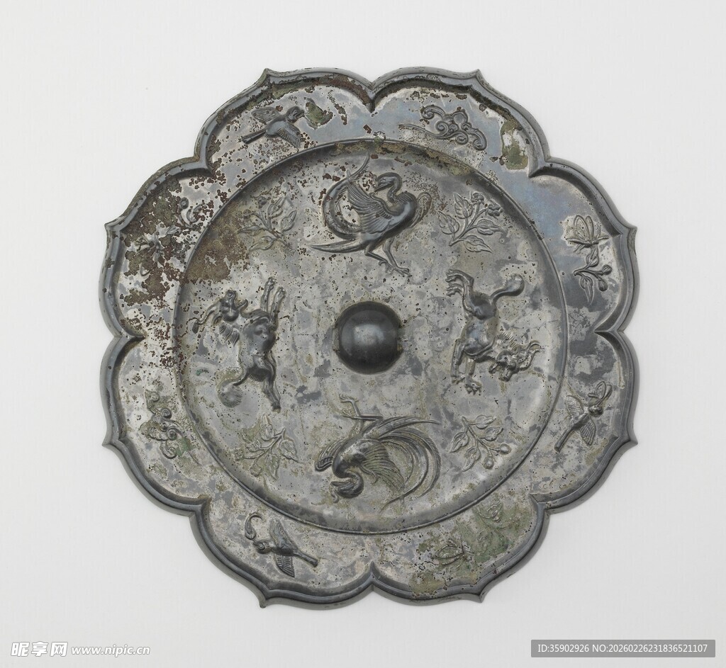 唐代花鸟纹菱花铜镜