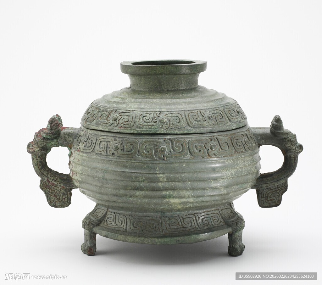 青铜双耳带盖古器皿