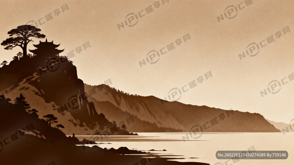 宽幅山水剪影图 左侧山较高