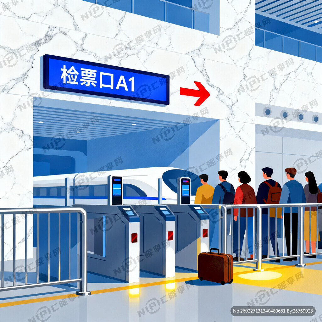 高铁站检票口 插画风