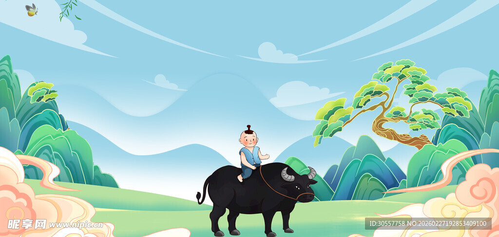 清明节牧童绿色国潮节日背景