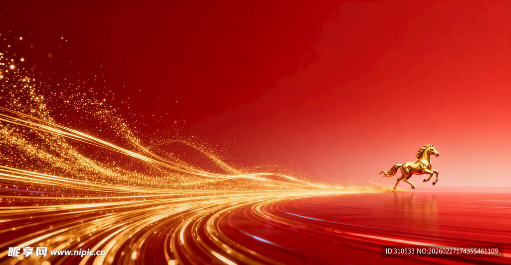 红色流光中奔腾的金色骏马