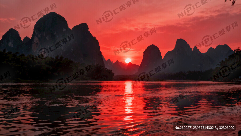 桂林山水落日霞光红色背景