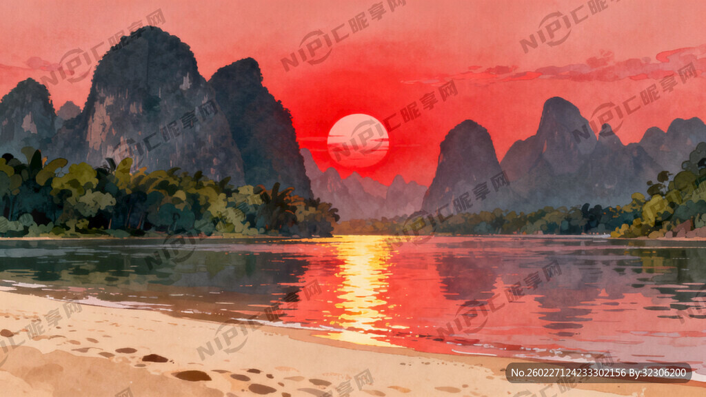 桂林山水落红色日霞光加前景沙滩